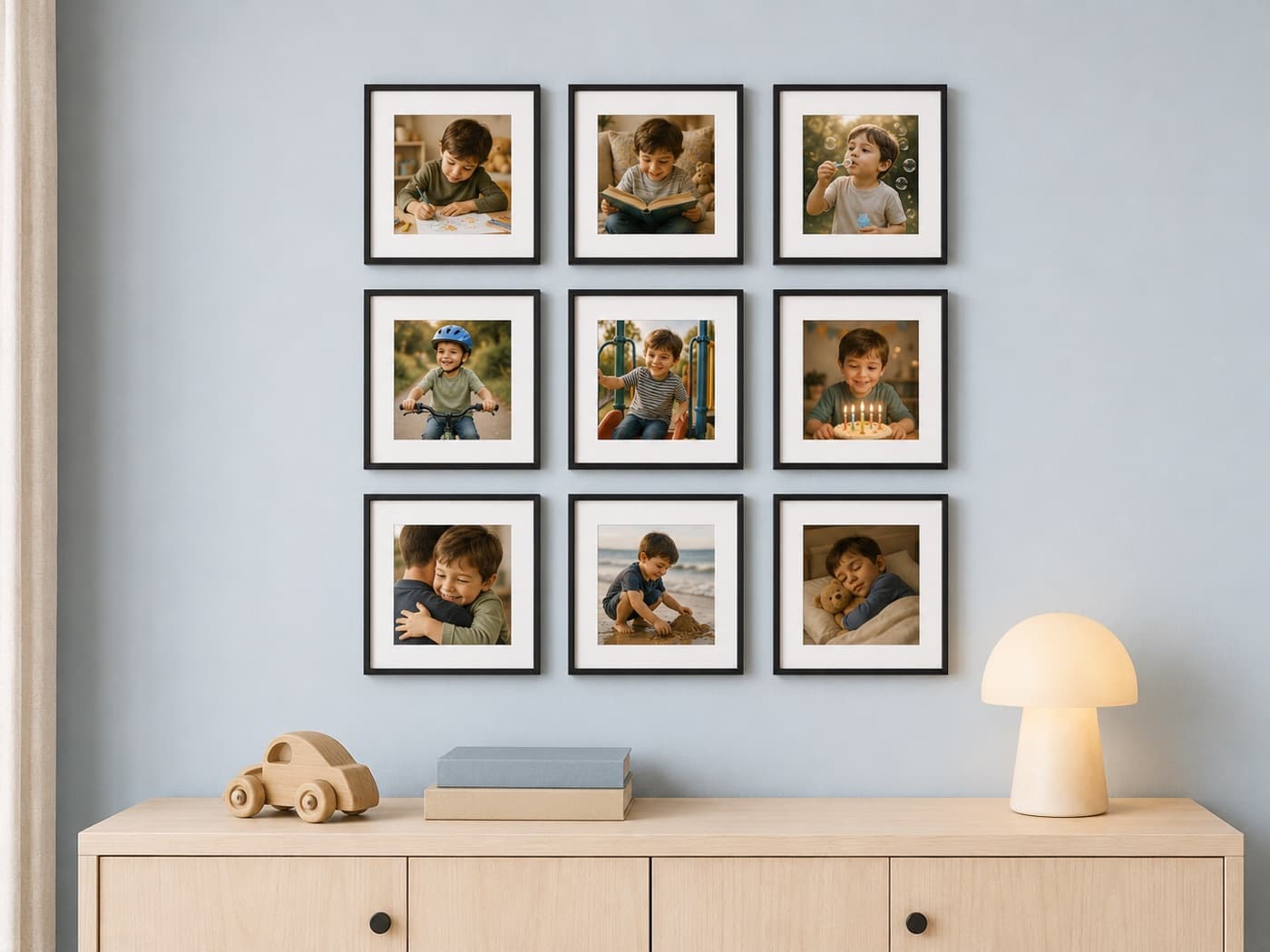 Mavi duvarda dokuz mini kare çerçeveden oluşan çocuk fotoğrafı düzeni