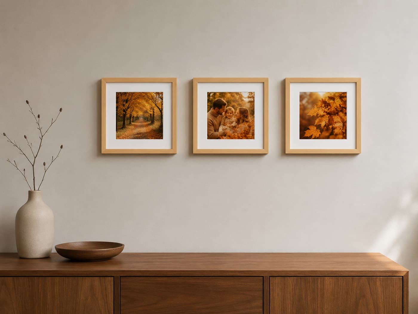 Ahşap çerçevede üç kare fotoğraf, konsol üstünde duvarda