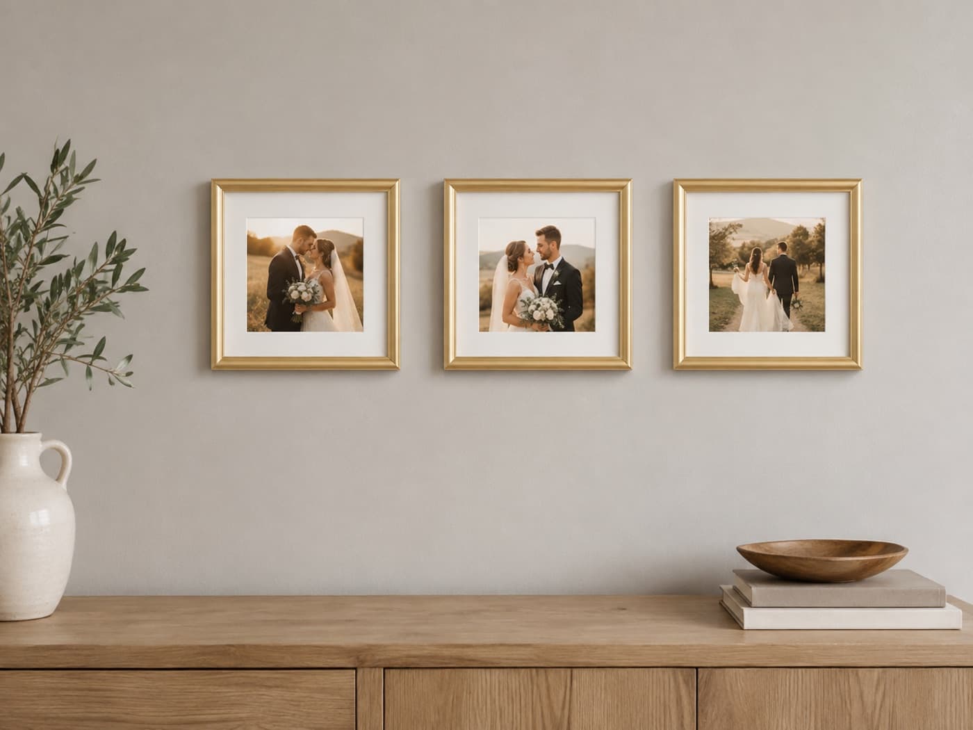 Gold çerçevede üç kare düğün fotoğrafı, duvarda yan yana