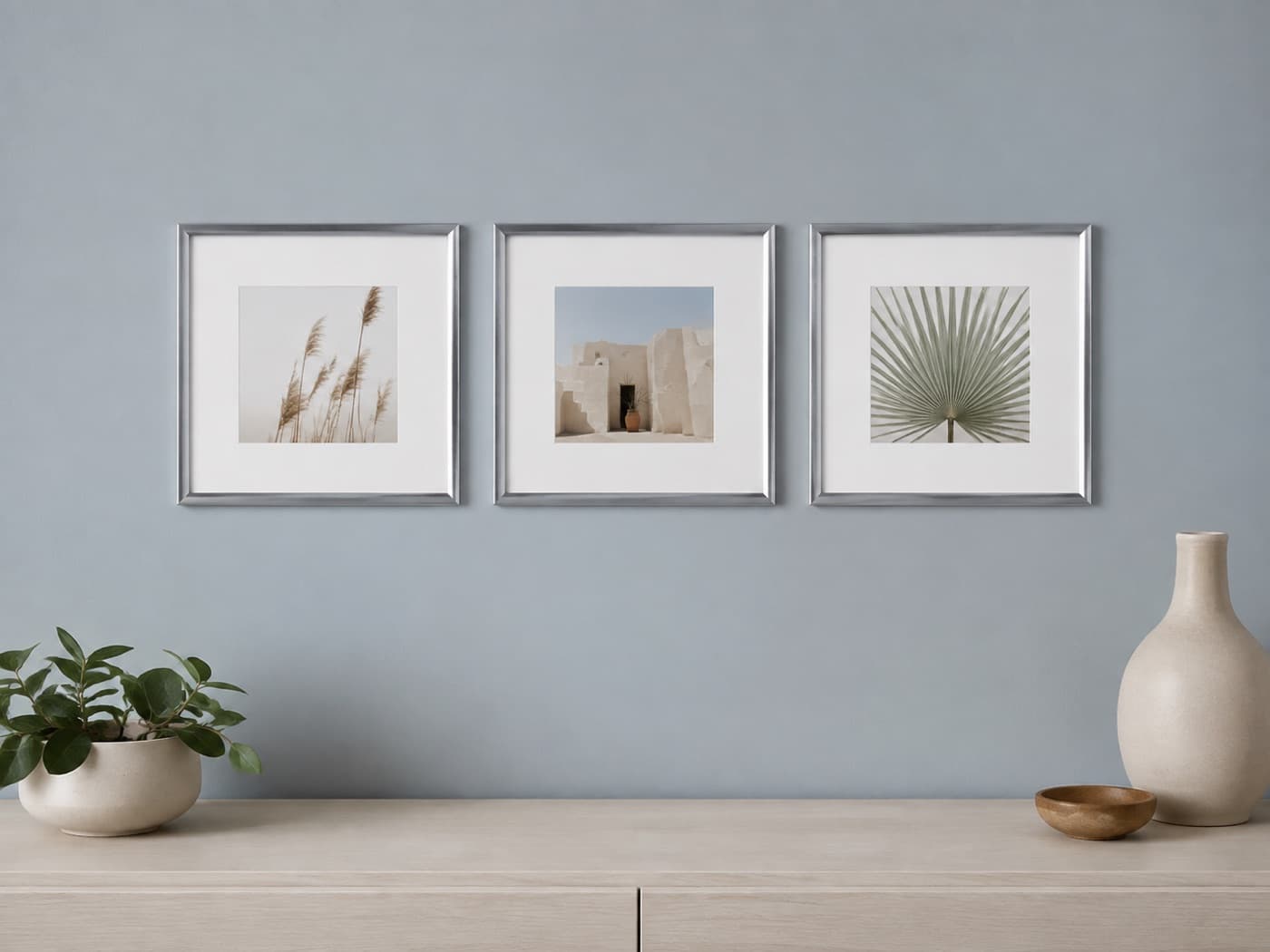 Gümüş çerçevede üç kare fotoğraf, mavi-gri duvarda