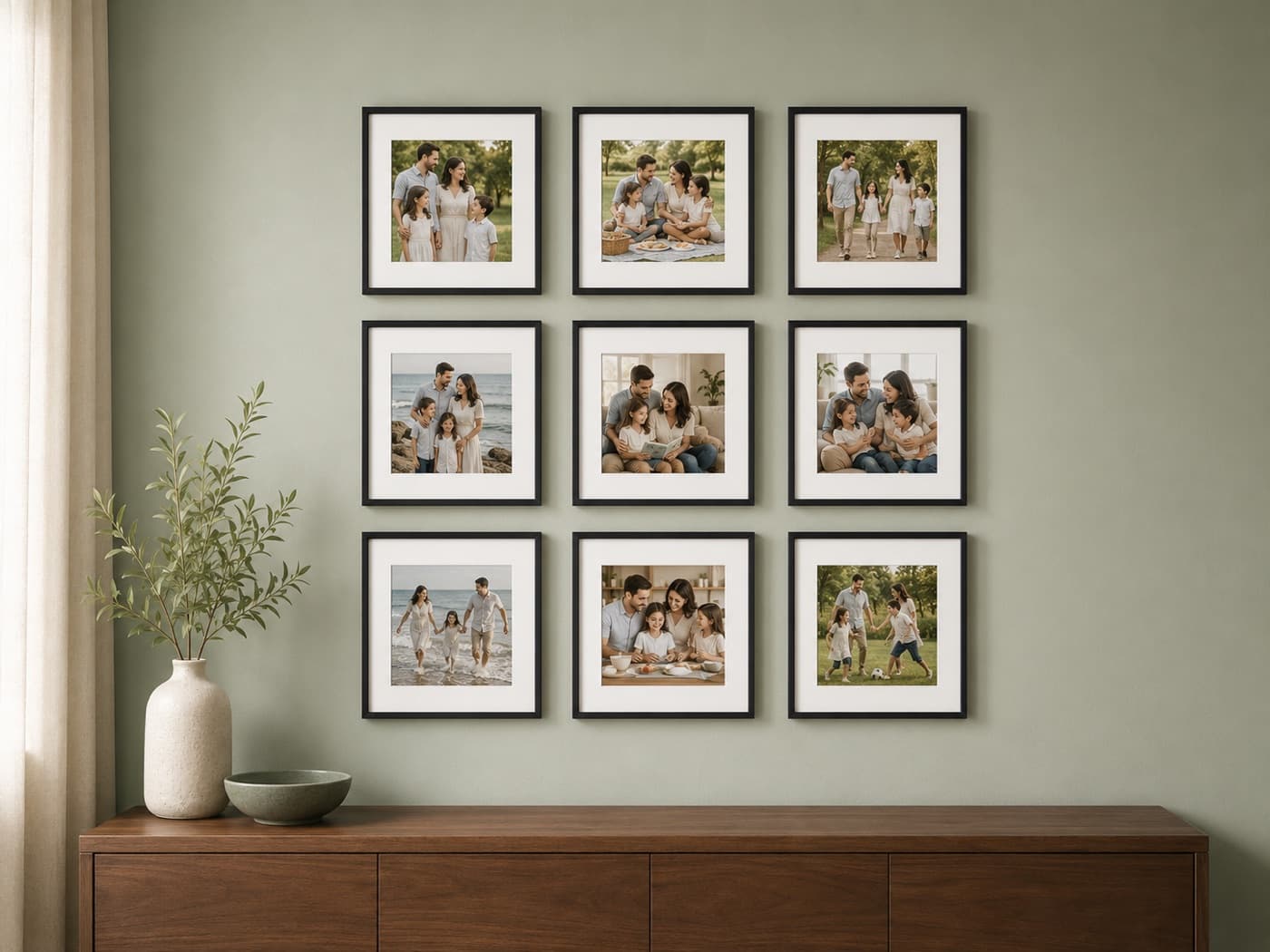 Yeşil duvarda dokuz büyük kare çerçeveden oluşan aile fotoğrafı düzeni
